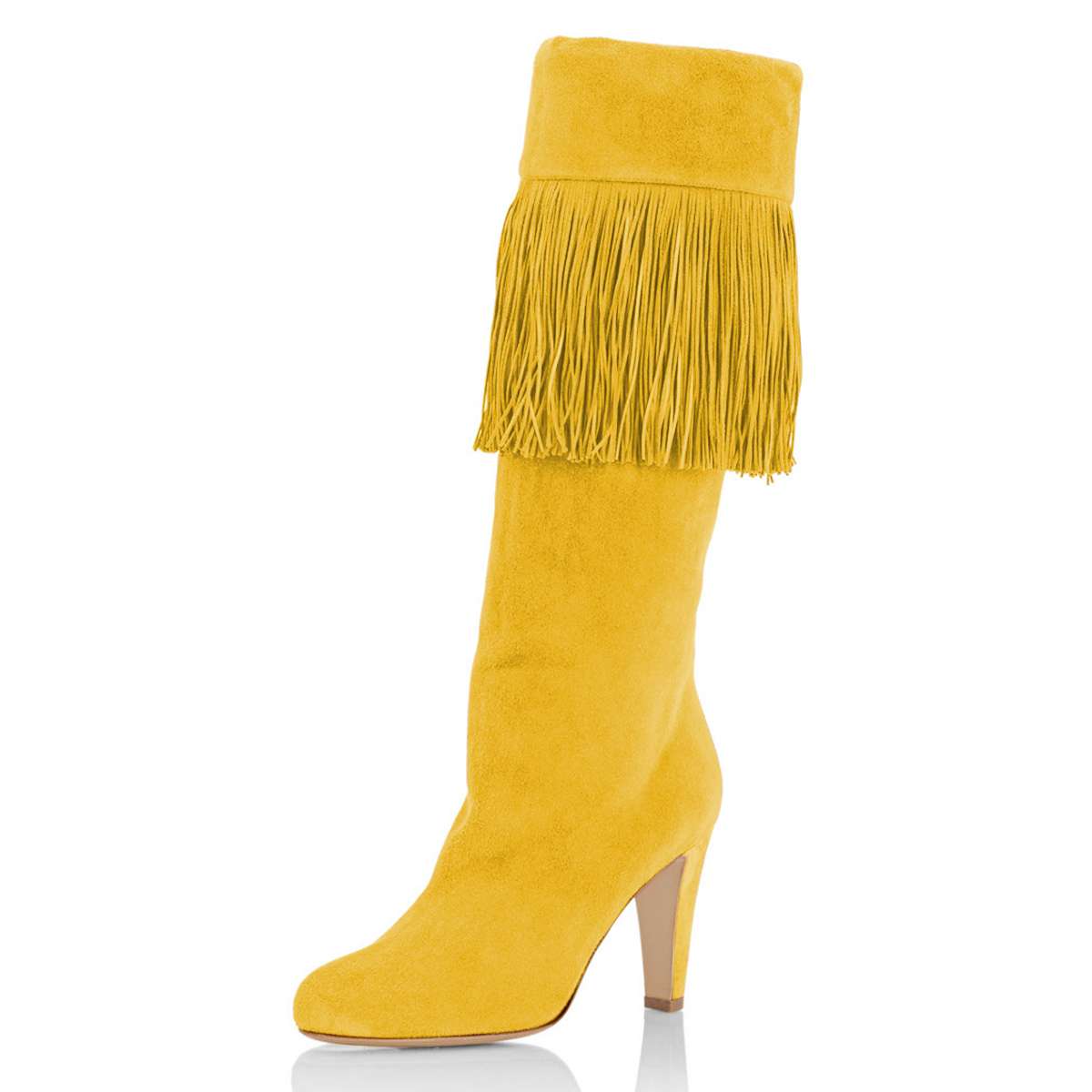 Yellow Vegan Suede Fringe Chunky Heel Knee-High Boots