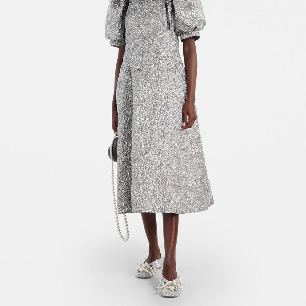 Silver Crochet Mesh Square Toe Pearl Bow Decor Women's Dress Flats