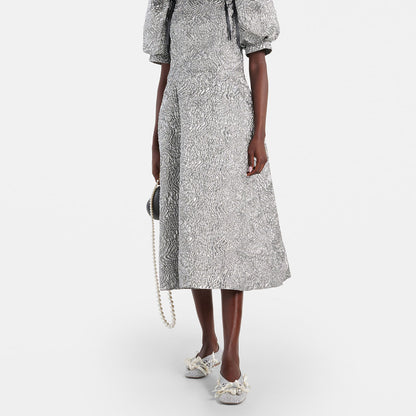 Silver Crochet Mesh Square Toe Pearl Bow Decor Women's Dress Flats