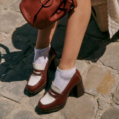 Brown & White Vegan Leather Square Toe Chunky Heel Platform Loafers