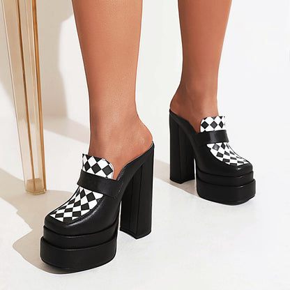 Black & White Closed Toe Chunky Heel Wide Band Platform Mules