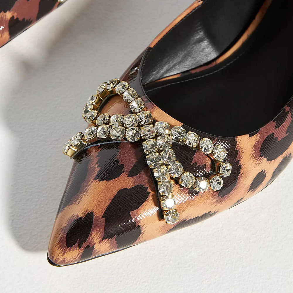 Brown Leopard Print Vegan Leather Pointed Toe Flats with Bow