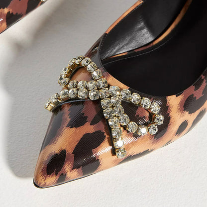 Brown Leopard Print Vegan Leather Pointed Toe Flats with Bow