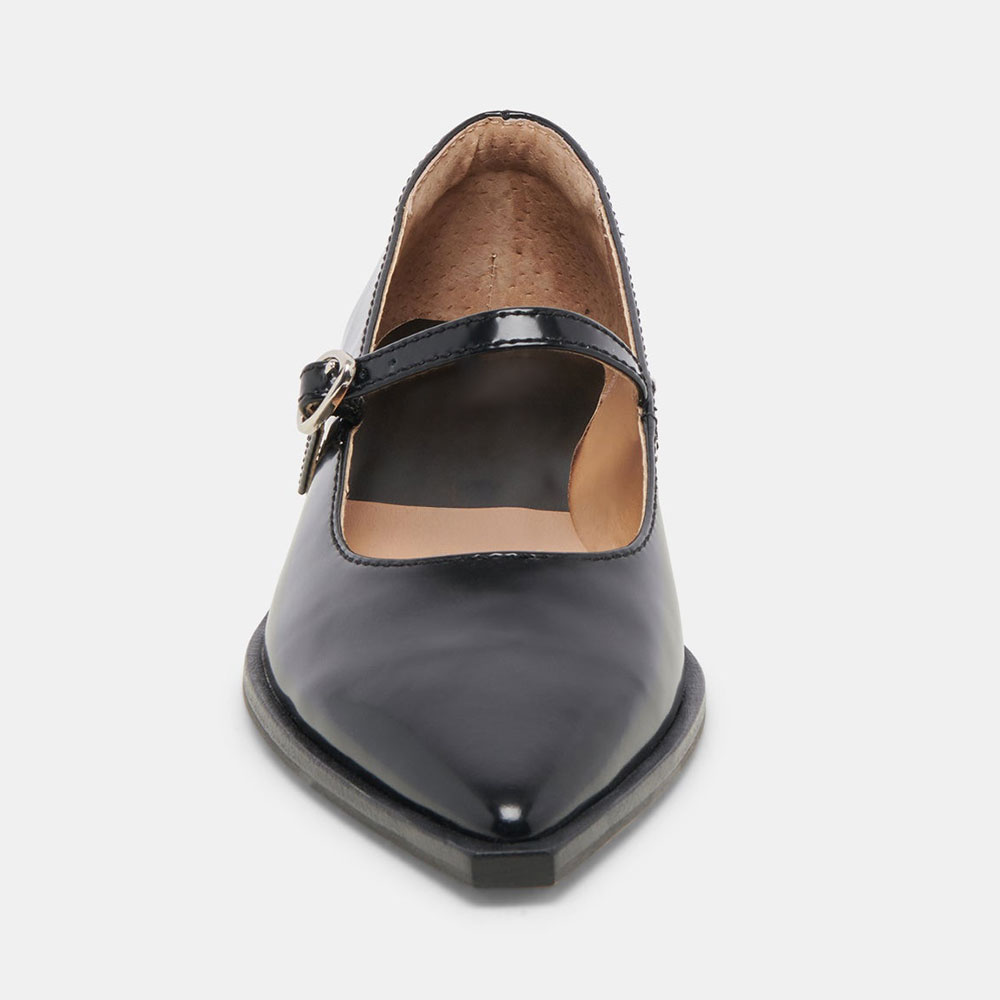 Black Patent Leather Pointed Toe Mary Jane Flats with Buckle Strap