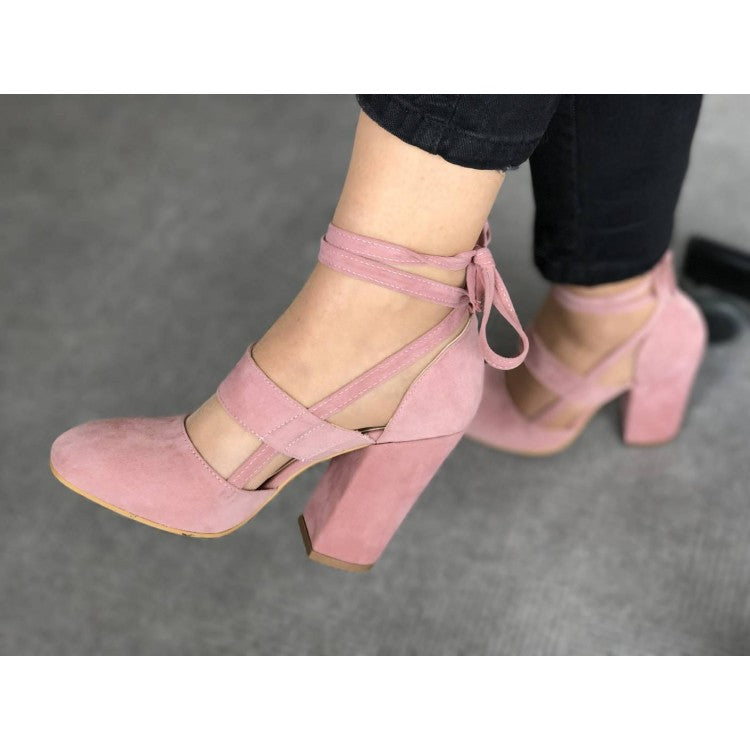 Women's Pink Vegan Suede Round Toe Strappy Block Heel Pumps by FSJ