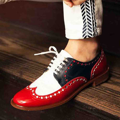 Women's Elegant Red & White Flats Lace Up Wingtip Shoes