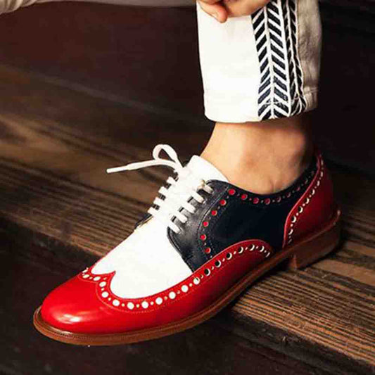 Women's Elegant Red & White Flats Lace Up Wingtip Shoes