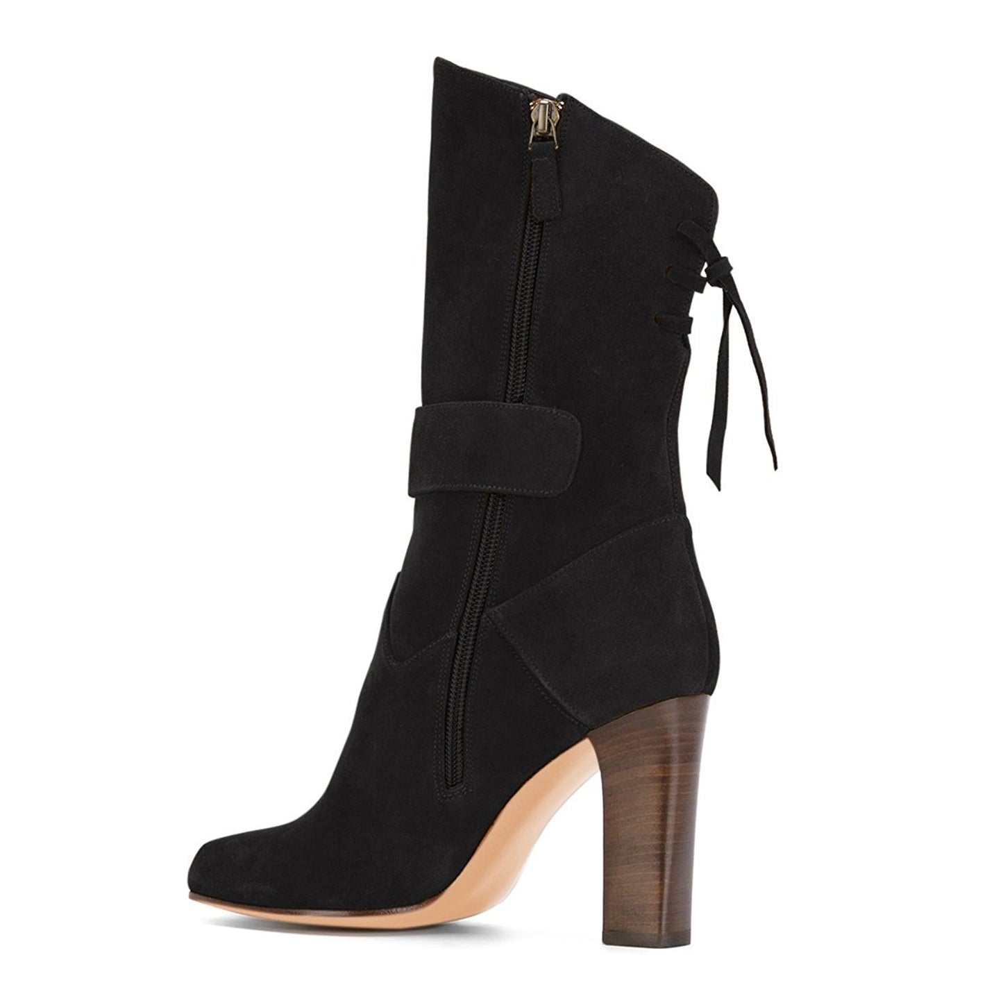 Black Vegan Suede Square Toe Back Lace Up Chunky Heel Mid Calf Boots