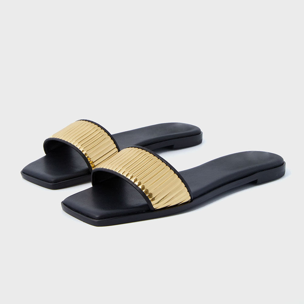 FSJ Black Open Square Toe Gold Textured Flats Slides for Women