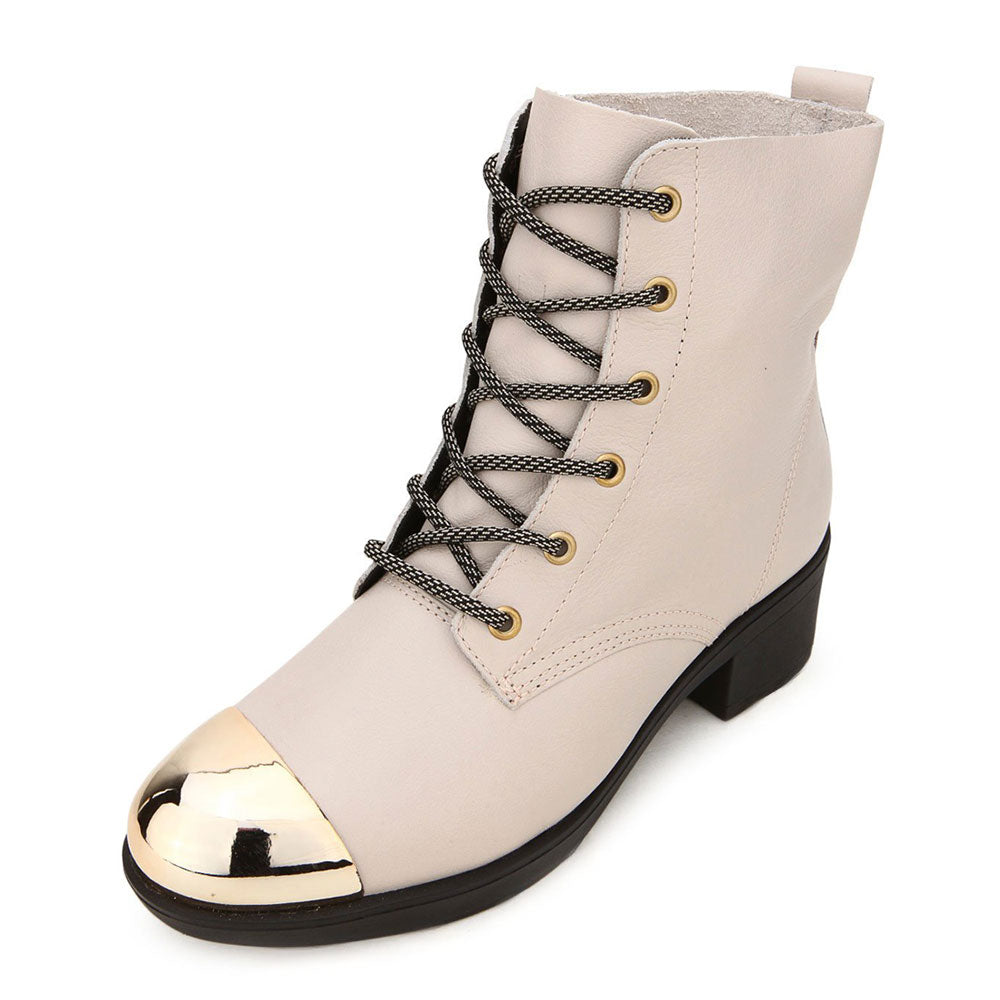 Women's Metal Round Toe Tie-Up Chunky Heel Ankle Boots in Beige