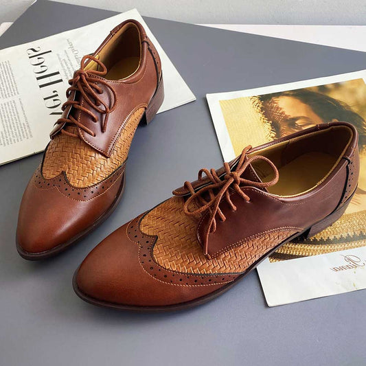 Brown Vegan Leather Round Toe Flat Lace Up Woven Inlay Oxford Shoes