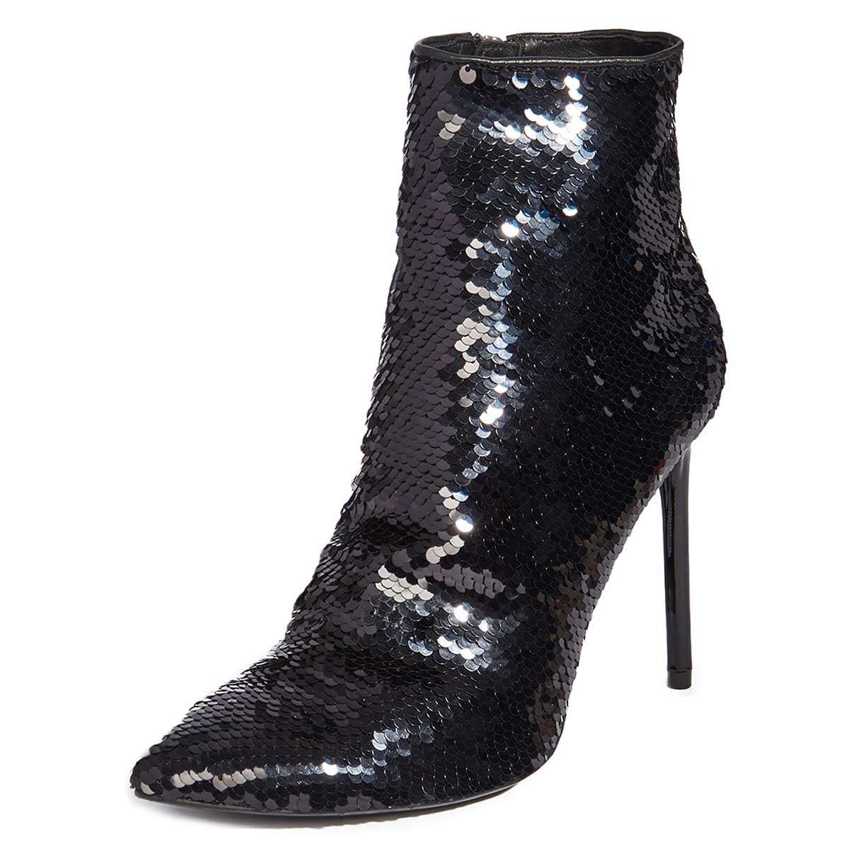 Women's Sequin Pointed Toe Stiletto Heel Ankle Boots in Black