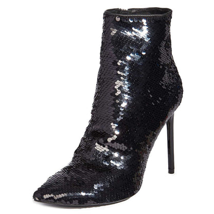 Women's Sequin Pointed Toe Stiletto Heel Ankle Boots in Black