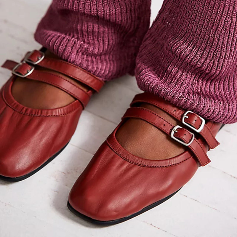 Dark Red Trendy Shoes Square Toe Comfy Mary Jane Flats for Women