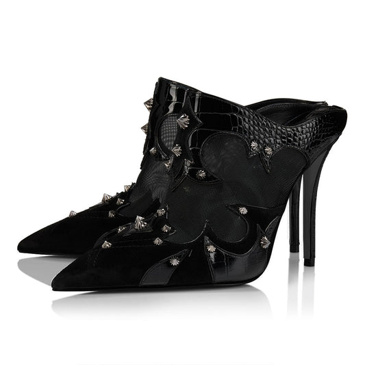 Black Croc Embossed Patchwork Pointed Toe Mule Heels with Studs