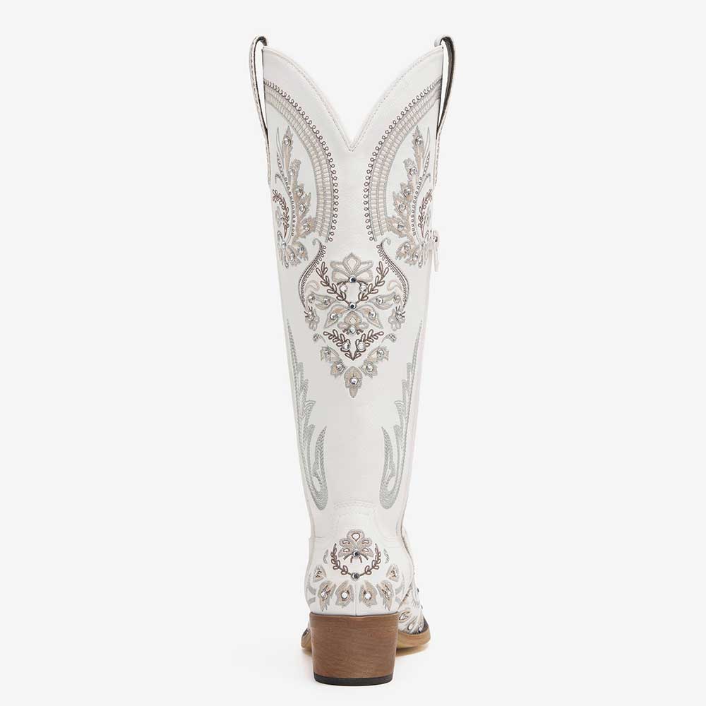 White Rhinestone Embroidered Chunky Heel Cowboy Knee High Boots