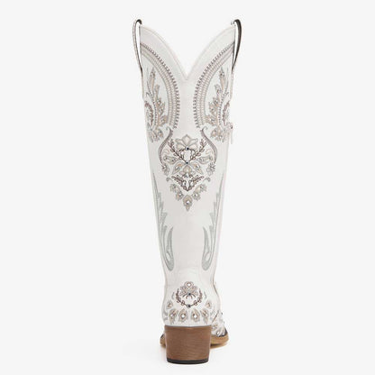 White Rhinestone Embroidered Chunky Heel Cowboy Knee High Boots