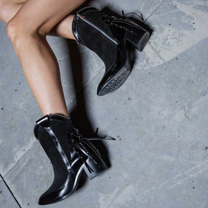 Black Pointed Toe Chunky Heel Side-Zipped Western Ankle Boots