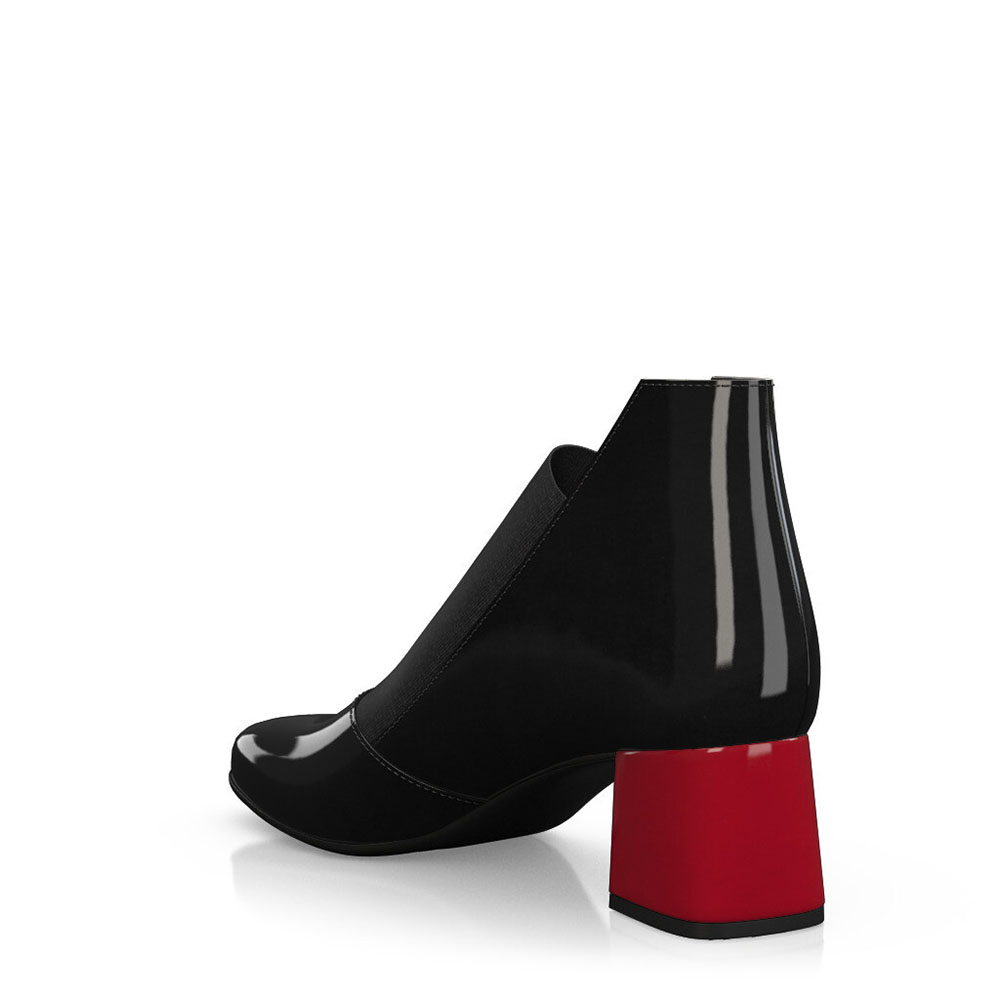 Women's Black Patent Leather Low Top Ankle Boots with Block Heels