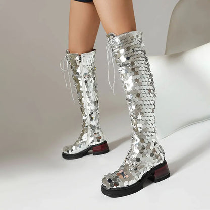 Silver Sequin Round Toe Lace-Up Chunky Heel Zipper Knee High Boots