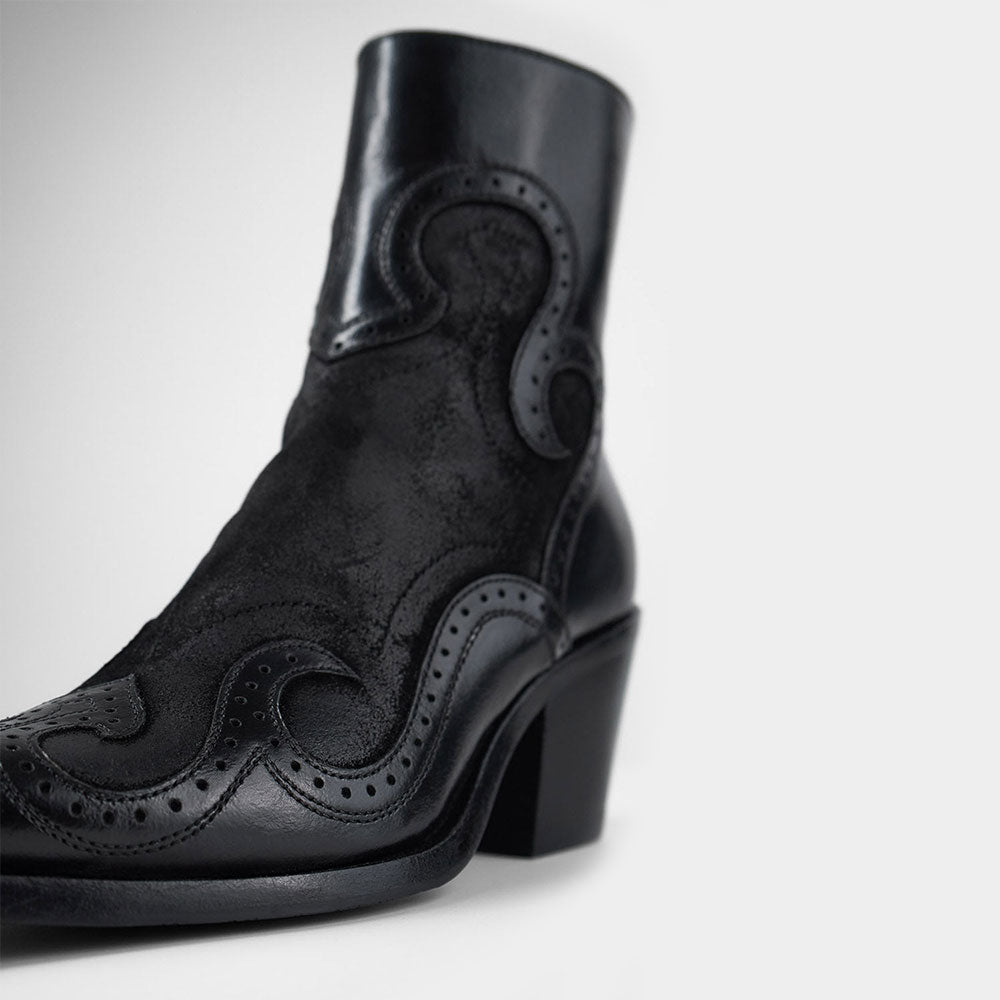 Black Patchwork Pointed Toe Perforated Block Heel Zip Ankle Boots