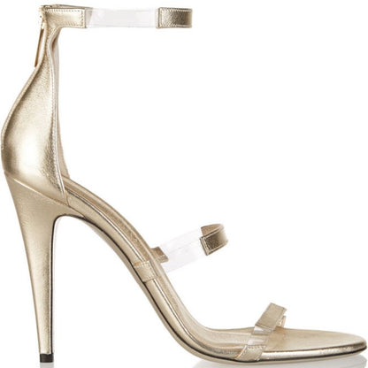Women's Champagne Tri-Straps Clear Stiletto Heels Sandals