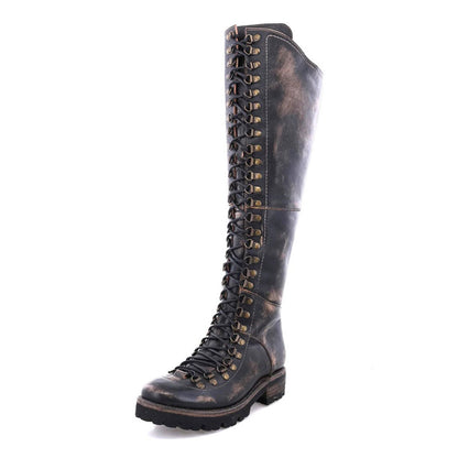 Black Distressed Round Toe Lace-Up Flat Knee High Boots for Women