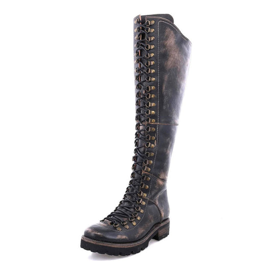 Black Distressed Round Toe Lace-Up Flat Knee High Boots for Women