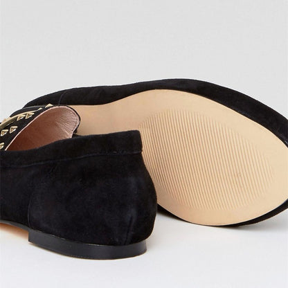 Black Vegan Suede Studded Flats Horsebit Loafers for Women