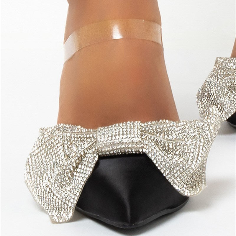 Women's Black Rhinestone Bow Pointed Toe Stiletto Heeled Mules