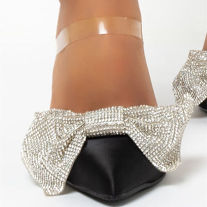 Women's Black Rhinestone Bow Pointed Toe Stiletto Heeled Mules