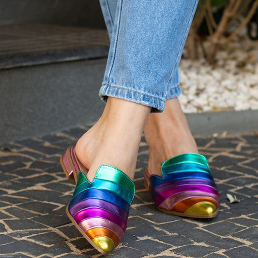 Multicolor Pointed Toe Low Block Heel Mule Loafers for Women