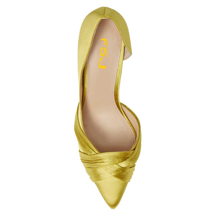 Yellow Satin Pointed Toe Slip-On Pleated Strap Kitten Heel Pumps
