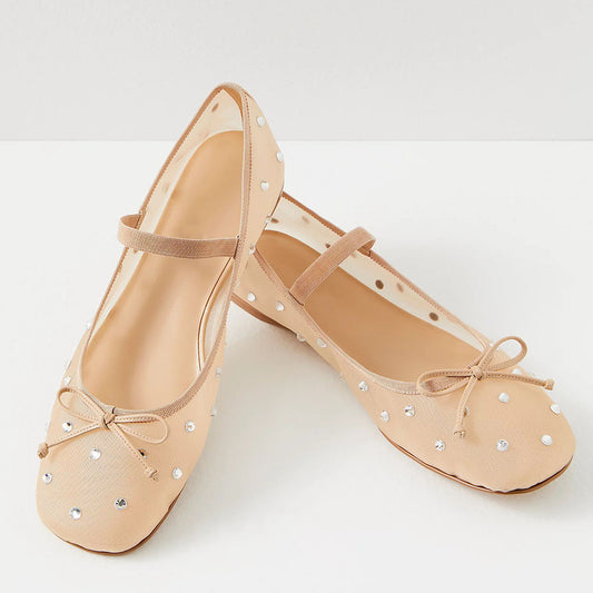 Beige Mesh Round Toe Shiny Mary Jane Ballet Flats