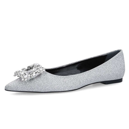 Silver Glitter Pointed Toe Comfortable Flats with Rhinestone Buckle