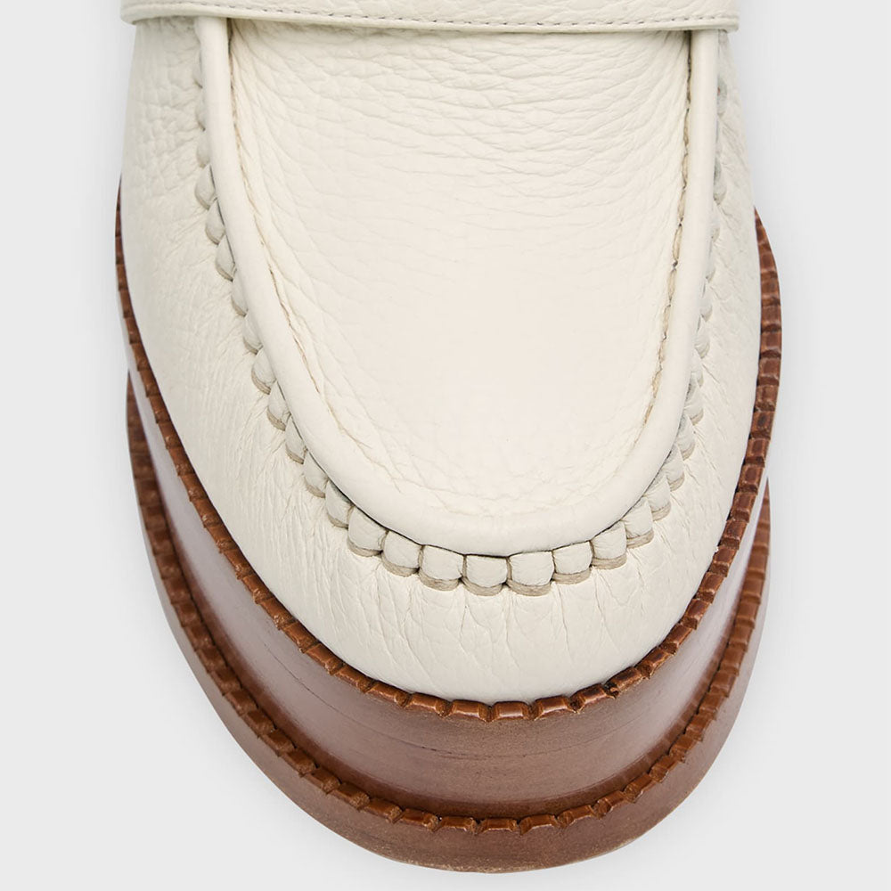 Beige Round Toe Chunky Heel Platform Penny Loafers for Women