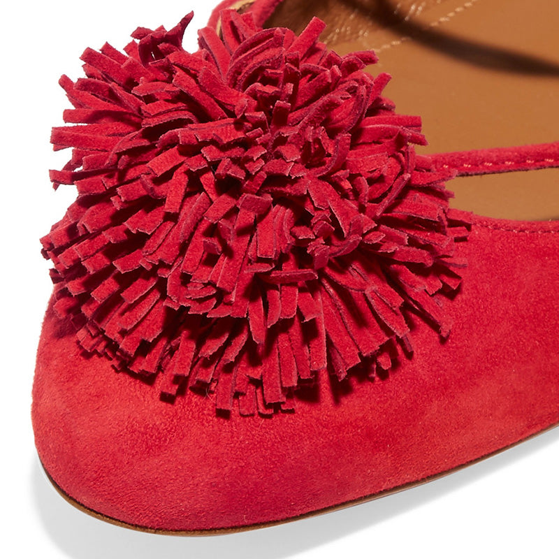 Red Round Toe Comfy Ballet Flats Lace Up Pom Pom Shoes for Women