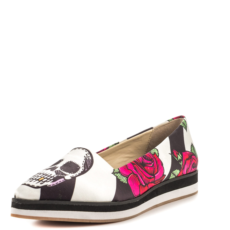 Stylish Black & White Pointed Toe Flower Skull Print Flats