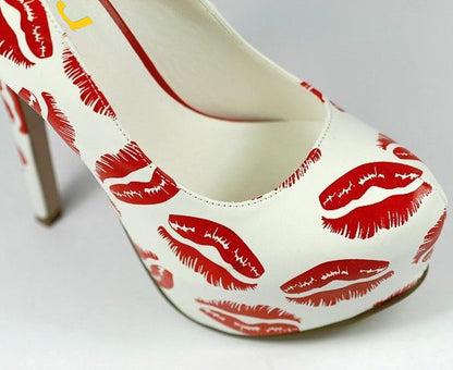 Women's Red Lips Print Stiletto Heels Platform Pumps by FSJ