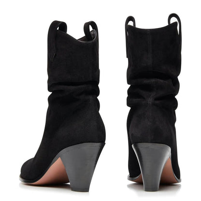 Black Vegan Suede Pointed Toe Cone Heel Pull Tab Mid Calf Boots
