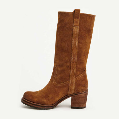 Brown Vegan Suede Round Toe Stacked Heel Classic Mid Calf Boots