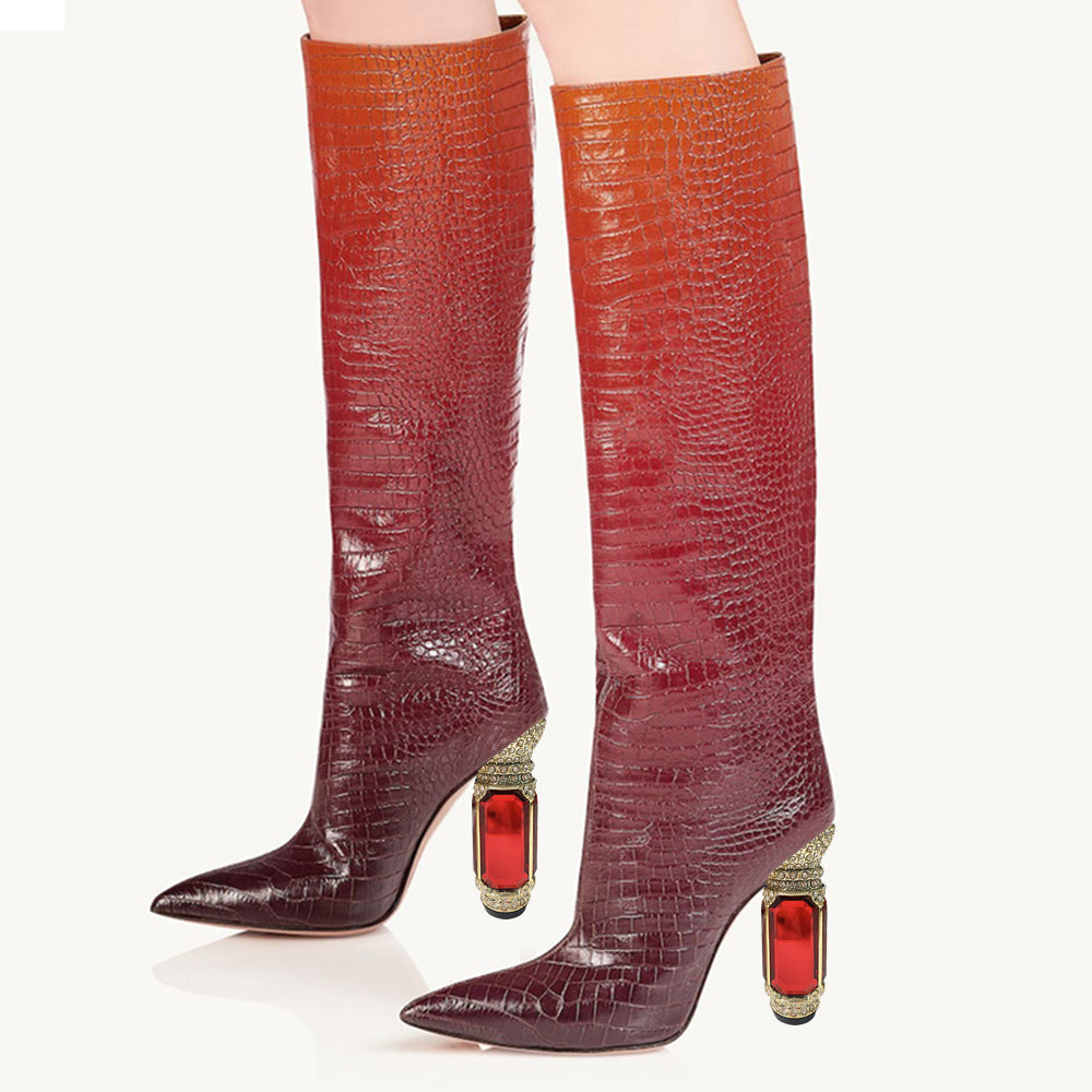Women's Gradient Croco Embossed Decorative Heel Knee High Boots