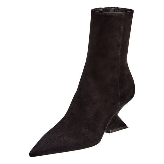 Black Vegan Suede Pointed Toe Angled Heel Side-Zipper Ankle Boots