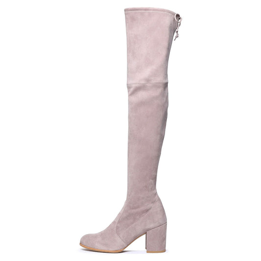 Women's Vegan Suede Block Heel Thigh High Strech Boots in Blush