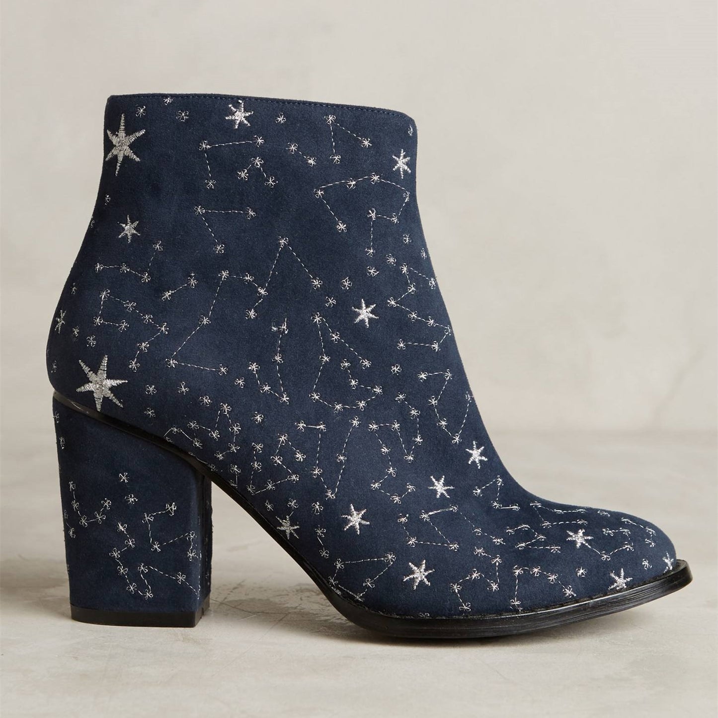Navy Constellation Pattern Embroidered Chunky Heel Ankle Boots