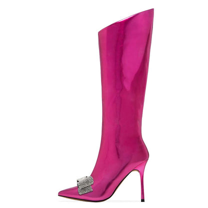 Metallic Fuchsia Stiletto Heel Knee High Boots with Rhinestone Bow