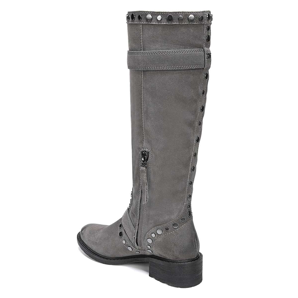 Grey Vegan Suede Block Heel Buckle Strap Knee High Boots with Studs