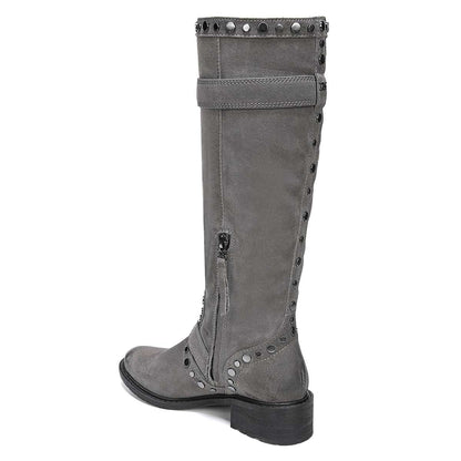 Grey Vegan Suede Block Heel Buckle Strap Knee High Boots with Studs