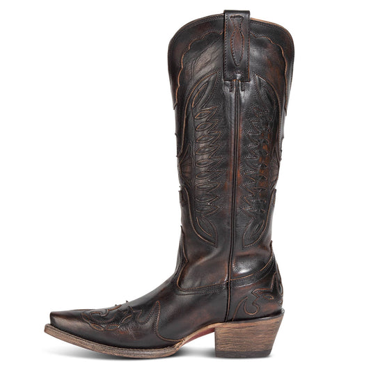 Black Snip Toe Chunky Heel Embroidered Knee High boots for Women