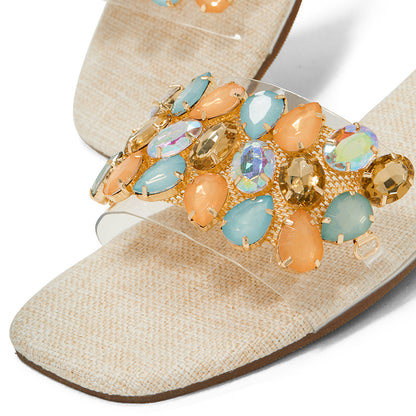 Beige Flat Mules Square Toe Multicolor Crystal Decor Slides Shoes